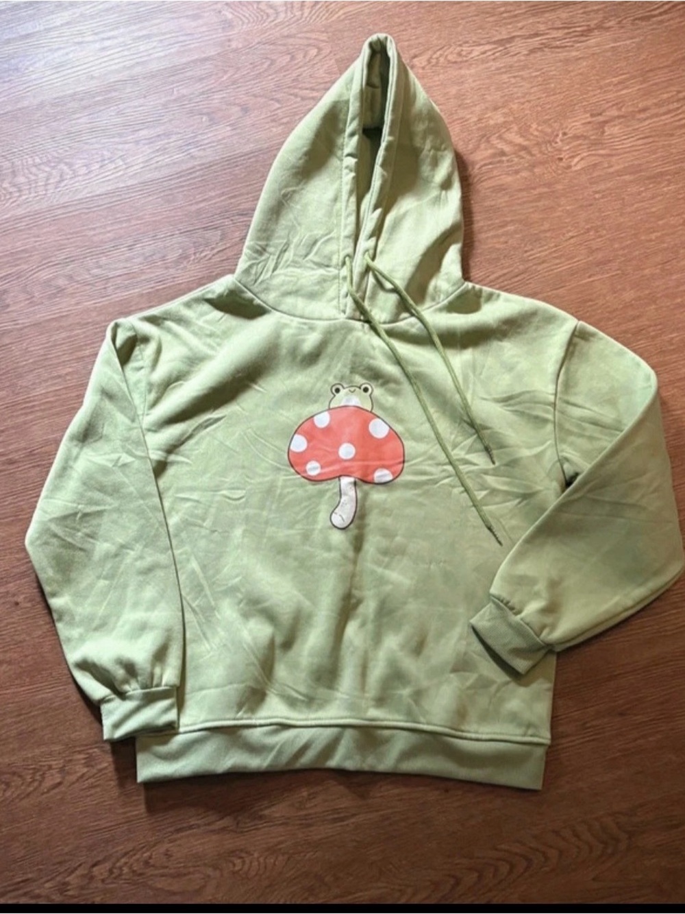 Keevici Green Hoodie with Red Polka-Dot Mushroom Graphic NWOT S